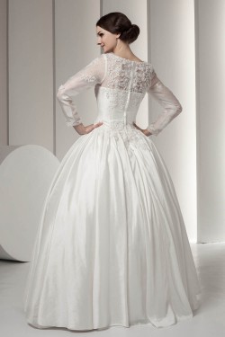 Wonderful Portrait Long Sleeve Satin Fine Netting Lace Floor-Length Wedding Dresses 2031066