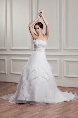 Wonderful Satin Strapless Sleeveless A-Line Beaded Wedding Dresses 2031070