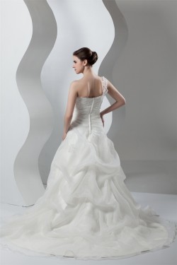 Wonderful Sleeveless A-Line One-Shoulder Satin Organza Lace Wedding Dresses 2031072
