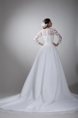 A-Line 3/4 Length Sleeve Satin Organza Scoop Most Beautiful Wedding Dresses 2031076
