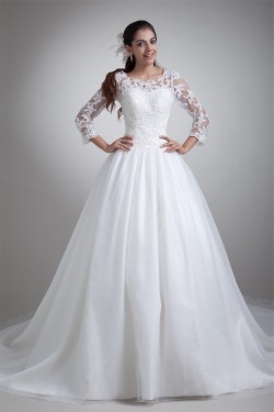 A-Line 3/4 Length Sleeve Satin Organza Scoop Most Beautiful Wedding Dresses 2031076