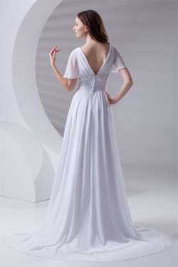 A-Line Chiffon Satin Flared Sleeves V-Neck Wedding Dresses 2031077