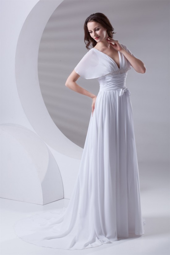A-Line Chiffon Satin Flared Sleeves V-Neck Wedding Dresses 2031077 A-Line Chiffon Satin Flared Sleeves V-Neck Wedding Dresses 2031077