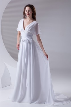 A-Line Chiffon Satin Flared Sleeves V-Neck Wedding Dresses 2031077