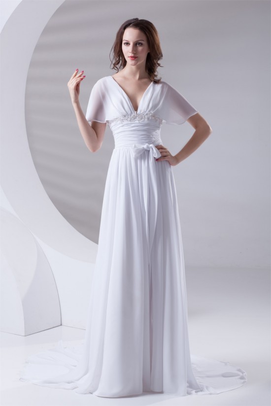 A-Line Chiffon Satin Flared Sleeves V-Neck Wedding Dresses 2031077 A-Line Chiffon Satin Flared Sleeves V-Neck Wedding Dresses 2031077