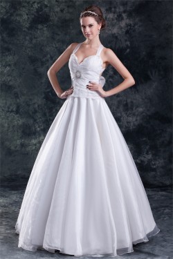 A-Line Satin Lace Organza Halter Sleeveless Embellished Wedding Dresses 2031080