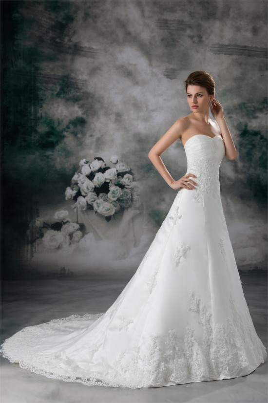 A-Line Sleeveless Sweetheart Lace Fine Netting Wedding Dresses 2031086