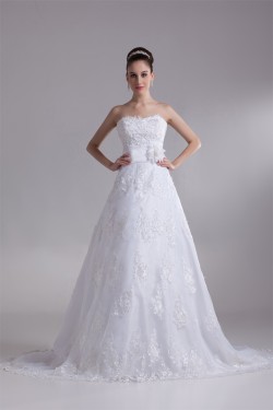 A-Line Sleeveless Sweetheart Satin Lace New Arrival Wedding Dresses 2031087