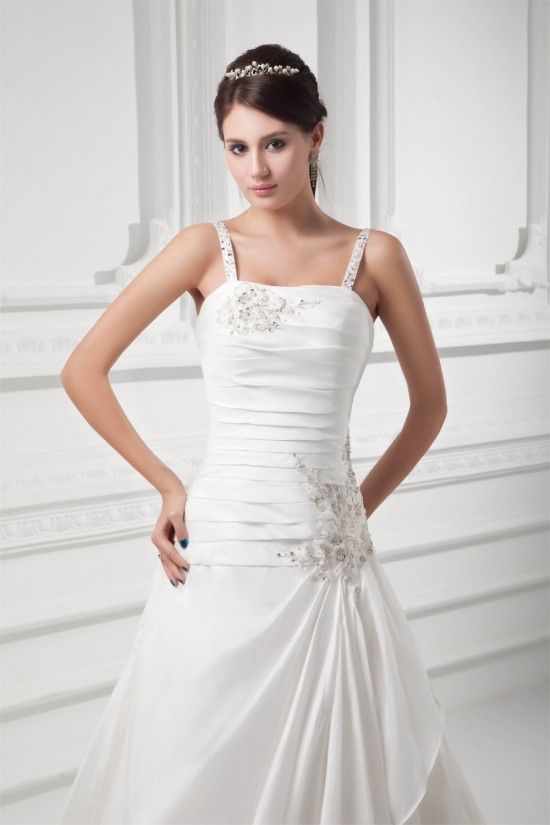 A-Line Sleeveless Taffeta Spaghetti Straps Beaded Wedding Dresses 2031088