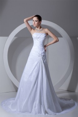 A-Line Sleeveless Taffeta Strapless Beaded Lace Wedding Dresses 2031089