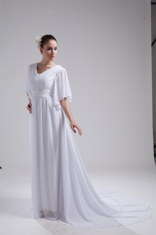 A-Line Chiffon V-Neck Half Elbow Sleeve Wedding Dresses 2030110