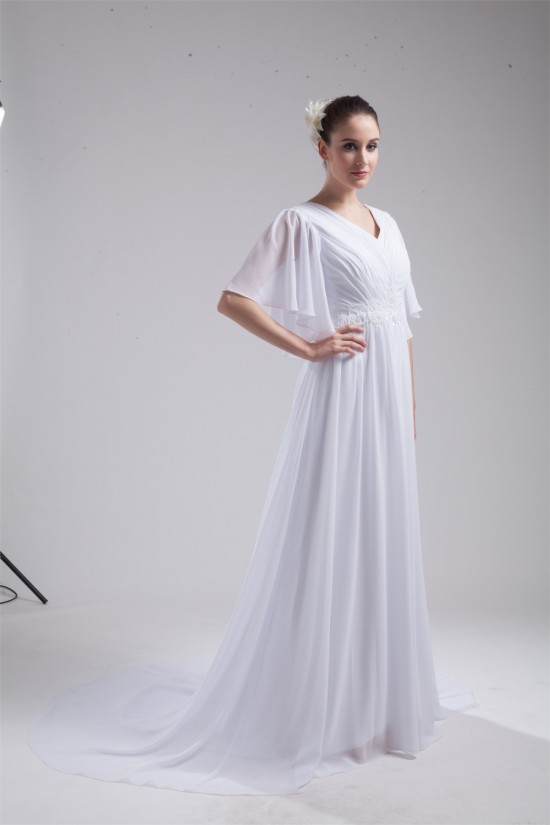 A-Line Chiffon V-Neck Half Elbow Sleeve Wedding Dresses 2030110