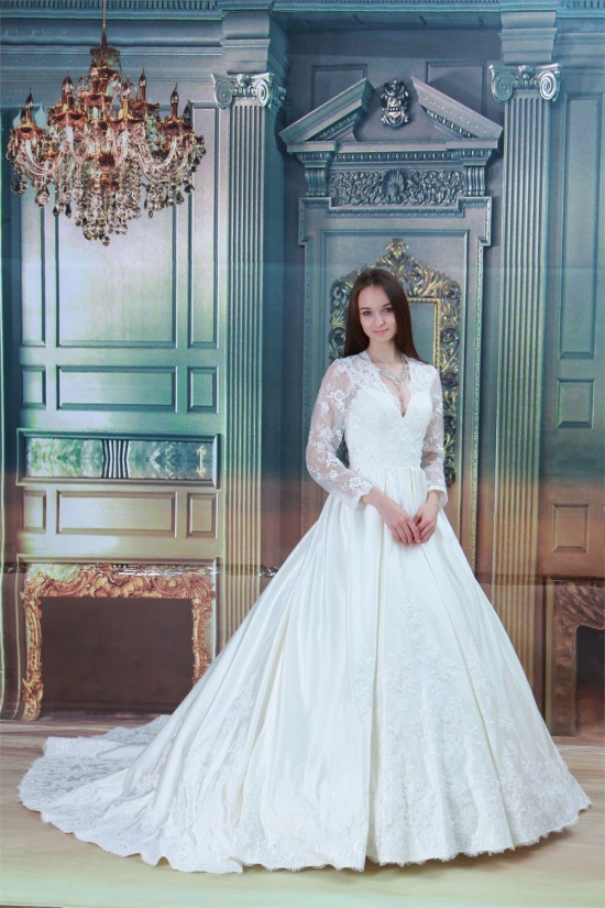 Amazing Ball Gown Long Sleeve Satin Lace V-Neck Wedding Dresses 2031105 Amazing Ball Gown Long Sleeve Satin Lace V-Neck Wedding Dresses 2031105
