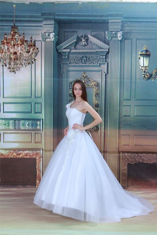 Amazing One-Shoulder Satin Netting A-Line Beaded Wedding Dresses 2031108
