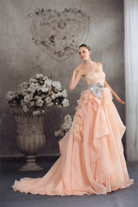 A-Line Court Train Handmade Flowers Wedding Dresses with Color 2030111 A-Line Court Train Handmade Flowers Wedding Dresses with Color 2030111
