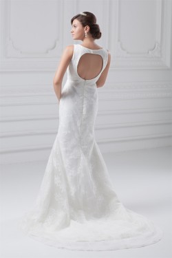 Amazing Sleeveless Sheath/Column Satin Lace V-Neck Wedding Dresses 2031116