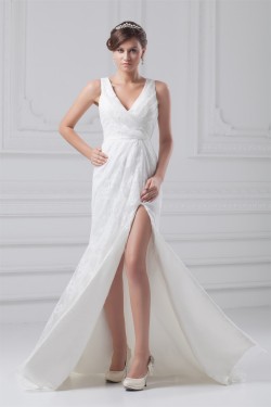 Amazing Sleeveless Sheath/Column Satin Lace V-Neck Wedding Dresses 2031116