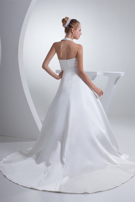 A-Line Halter Court Train Beaded Applique Satin Wedding Dresses 2030112