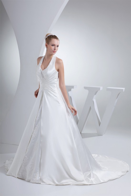 A-Line Halter Court Train Beaded Applique Satin Wedding Dresses 2030112