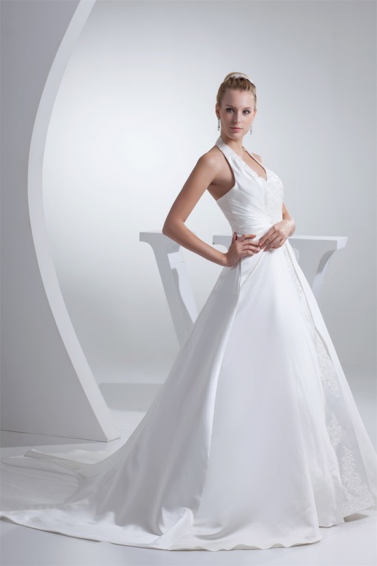 A-Line Halter Court Train Beaded Applique Satin Wedding Dresses 2030112