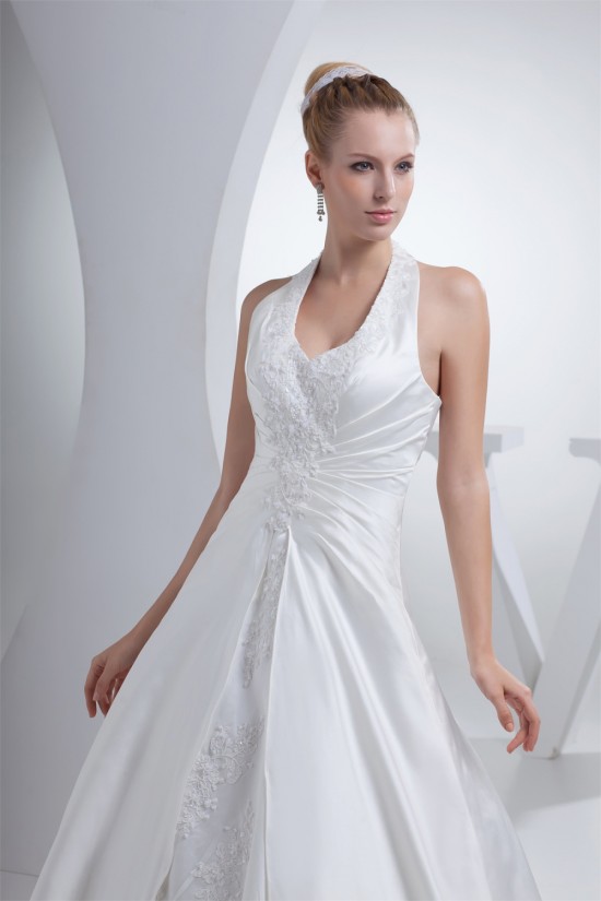 A-Line Halter Court Train Beaded Applique Satin Wedding Dresses 2030112