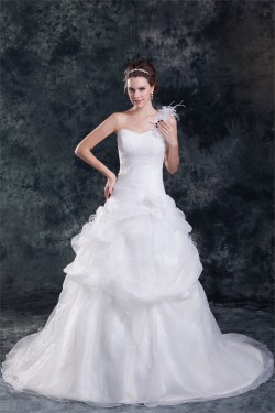 Ball Gown Satin Organza One-Shoulder Sleeveless Sweet Wedding Dresses 2031123