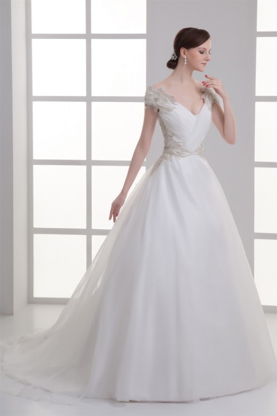 Beautiful Ball Gown V-Neck Sleeveless Satin Organza Beaded Wedding Dresses 2031130