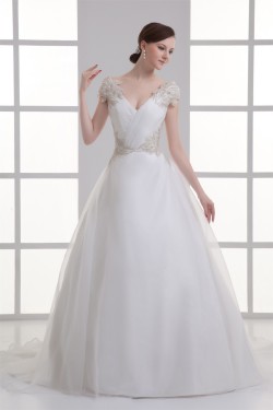 Beautiful Ball Gown V-Neck Sleeveless Satin Organza Beaded Wedding Dresses 2031130