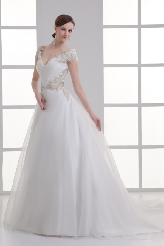 Beautiful Ball Gown V-Neck Sleeveless Satin Organza Beaded Wedding Dresses 2031130