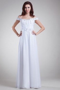 Beautiful Sheath/Column Off-the-Shoulder Chiffon Satin Beaded Wedding Dresses 2031132
