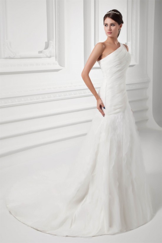 Beautiful Sleeveless One-Shoulder A-Line Satin Organza Wedding Dresses 2031134