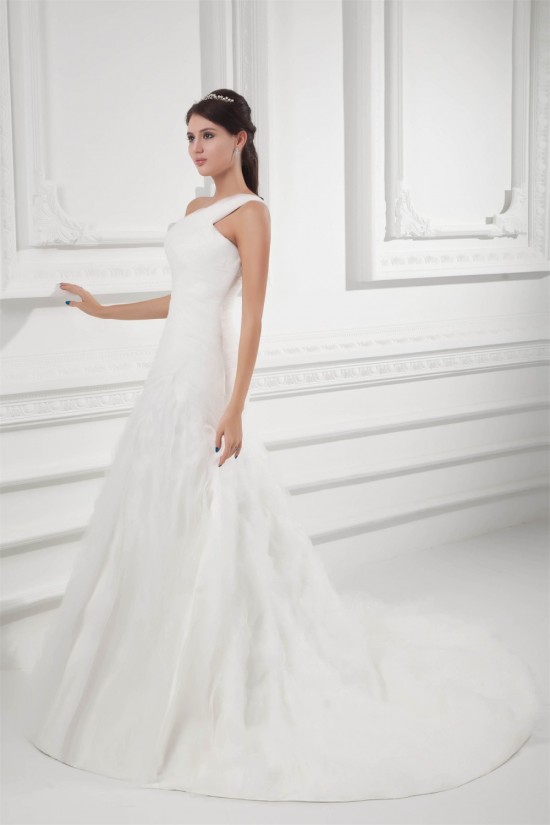 Beautiful Sleeveless One-Shoulder A-Line Satin Organza Wedding Dresses 2031134