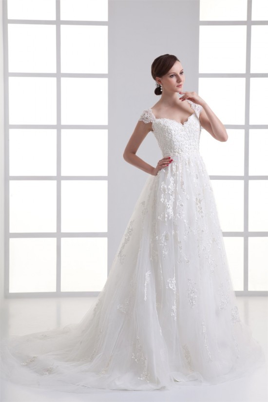 Bowl A-Line Capped Sleeves Satin Fine Netting Lace Wedding Dresses 2031138 Bowl A-Line Capped Sleeves Satin Fine Netting Lace Wedding Dresses 2031138