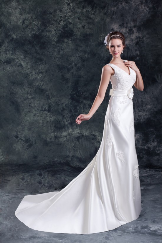Breathtaking V-Neck Sleeveless A-Line Satin New Arrival Wedding Dresses 2031143