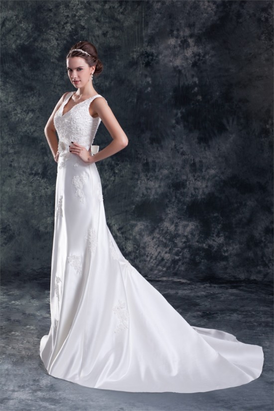 Breathtaking V-Neck Sleeveless A-Line Satin New Arrival Wedding Dresses 2031143