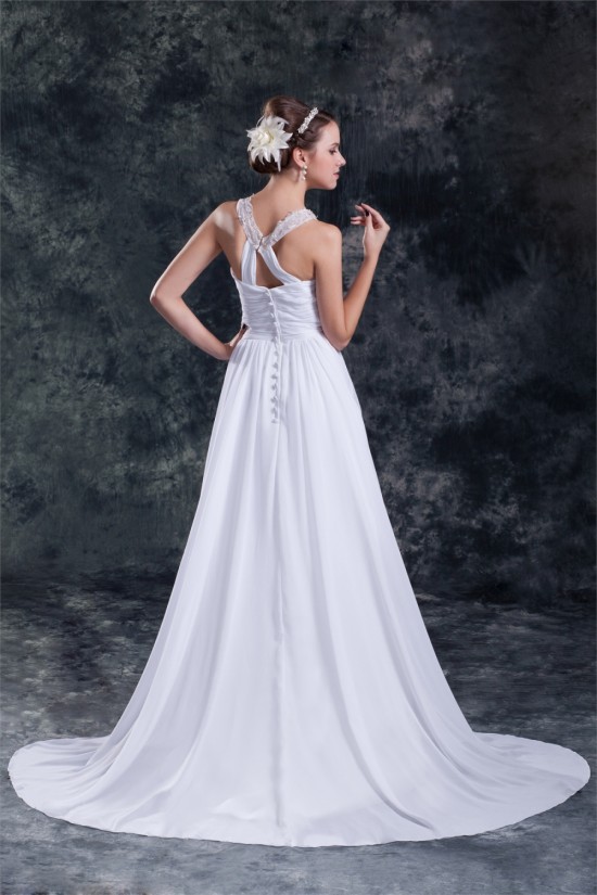 Chiffon Satin A-Line Sleeveless Scoop Sweep Train Wedding Dresses 2031149 Chiffon Satin A-Line Sleeveless Scoop Sweep Train Wedding Dresses 2031149
