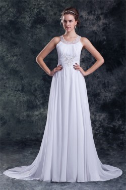 Chiffon Satin A-Line Sleeveless Scoop Sweep Train Wedding Dresses 2031149