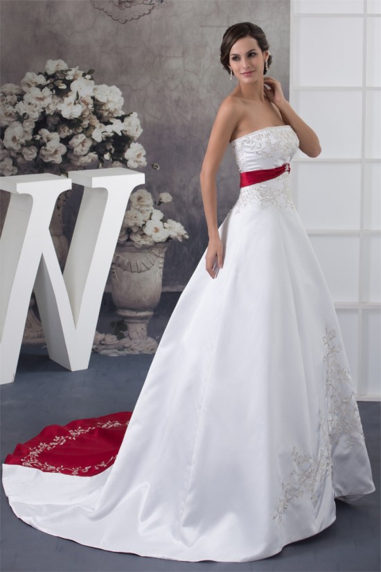A-Line Strapless Beaded Chapel Train White Red Wedding Dresses 2030115
