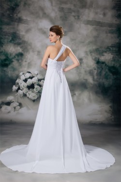 Chiffon Satin Sleeveless A-Line One-Shoulder Best Wedding Dresses 2031152