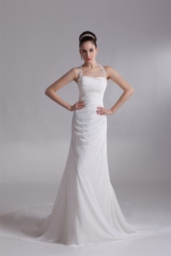 Chiffon Satin Straps Sheath/Column Sleeveless Beautiful Wedding Dresses 2031158