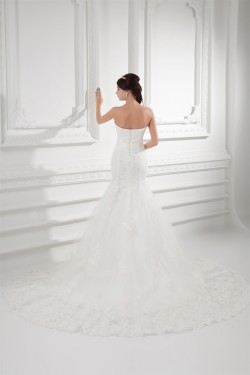 Trumpet/Mermaid Sleeveless Satin Fine Netting Strapless Lace Wedding Dresses 2031162