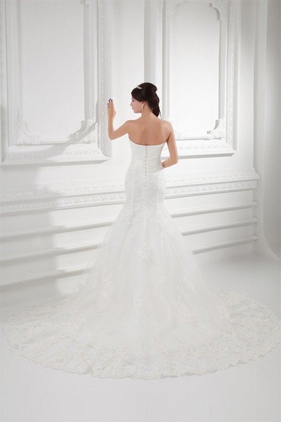 Trumpet/Mermaid Sleeveless Satin Fine Netting Strapless Lace Wedding Dresses 2031162 Trumpet/Mermaid Sleeveless Satin Fine Netting Strapless Lace Wedding Dresses 2031162