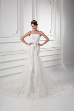 Trumpet/Mermaid Sleeveless Satin Fine Netting Strapless Lace Wedding Dresses 2031162