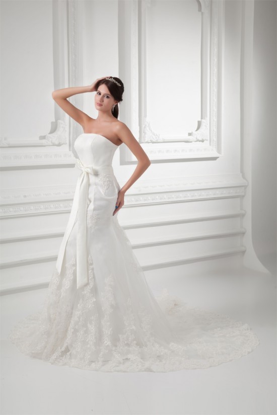 Trumpet/Mermaid Sleeveless Satin Fine Netting Strapless Lace Wedding Dresses 2031162