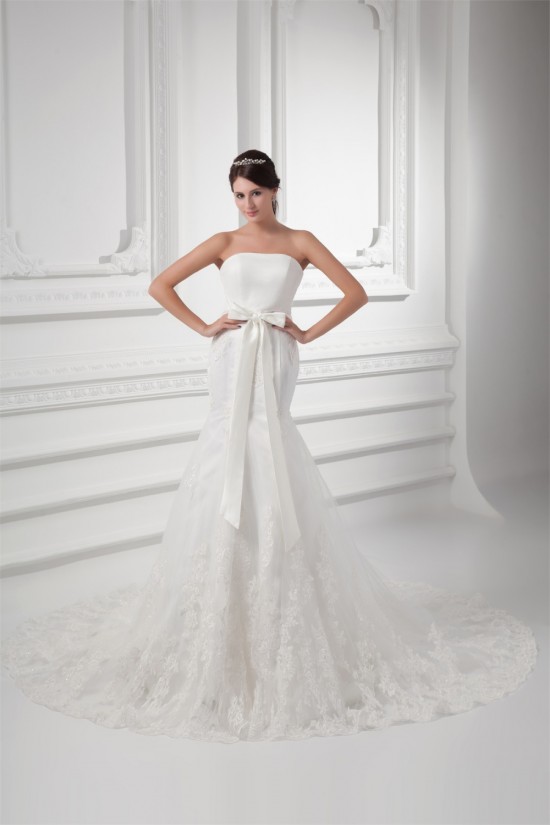 Trumpet/Mermaid Sleeveless Satin Fine Netting Strapless Lace Wedding Dresses 2031162 Trumpet/Mermaid Sleeveless Satin Fine Netting Strapless Lace Wedding Dresses 2031162