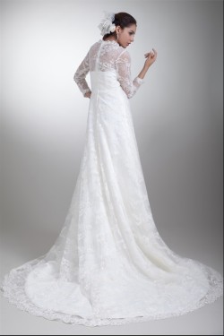 Elegant Satin Lace High-Neck 3/4 Length Sleeve A-Line Lace Wedding Dresses 2031169