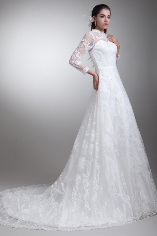 Elegant Satin Lace High-Neck 3/4 Length Sleeve A-Line Lace Wedding Dresses 2031169 Elegant Satin Lace High-Neck 3/4 Length Sleeve A-Line Lace Wedding Dresses 2031169