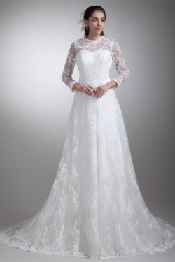 Elegant Satin Lace High-Neck 3/4 Length Sleeve A-Line Lace Wedding Dresses 2031169