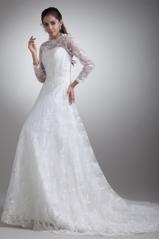 Elegant Satin Lace High-Neck 3/4 Length Sleeve A-Line Lace Wedding Dresses 2031169 Elegant Satin Lace High-Neck 3/4 Length Sleeve A-Line Lace Wedding Dresses 2031169