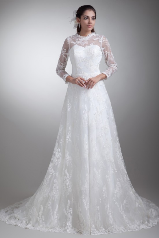 Elegant Satin Lace High-Neck 3/4 Length Sleeve A-Line Lace Wedding Dresses 2031169 Elegant Satin Lace High-Neck 3/4 Length Sleeve A-Line Lace Wedding Dresses 2031169